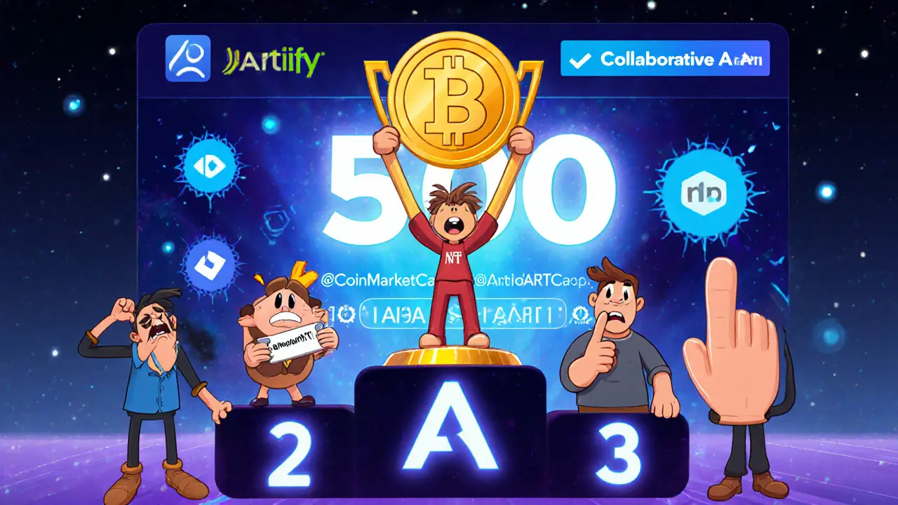 A winner holding a giant ART token on a CoinMarketCap podium as others fail the airdrop steps.