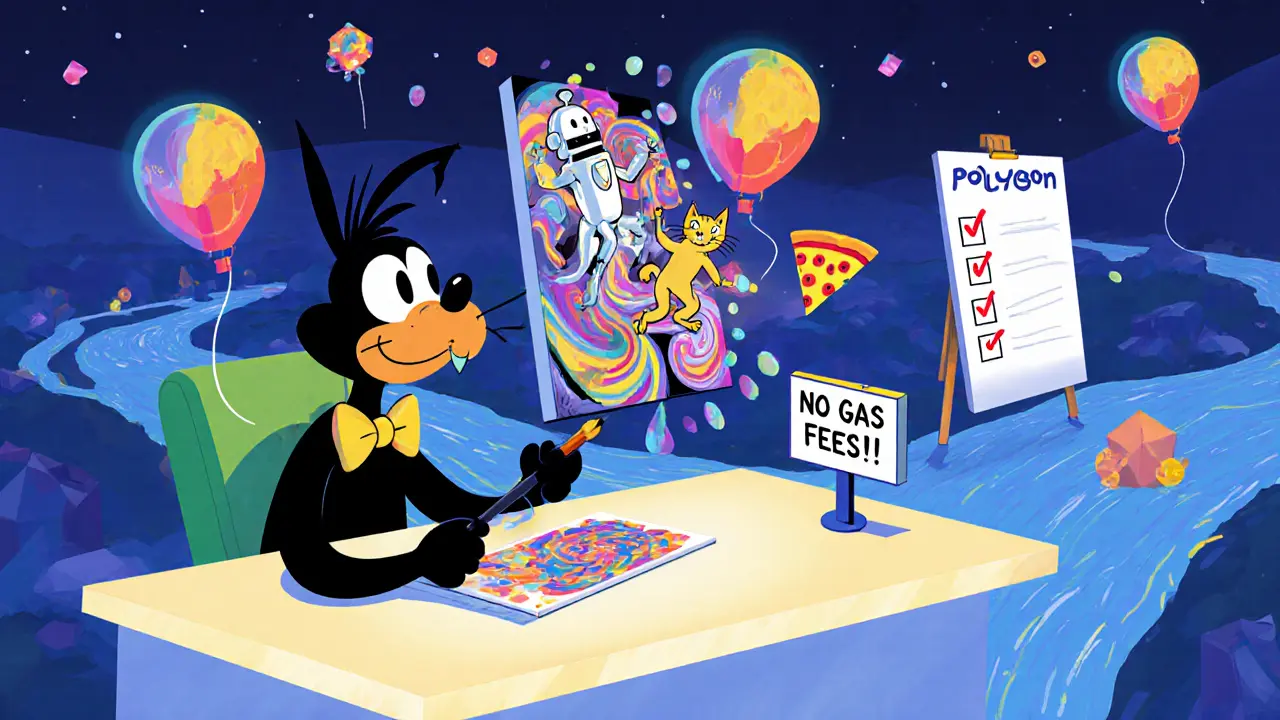 An artist creating a floating NFT masterpiece with an AI brush, no gas fees sign nearby.