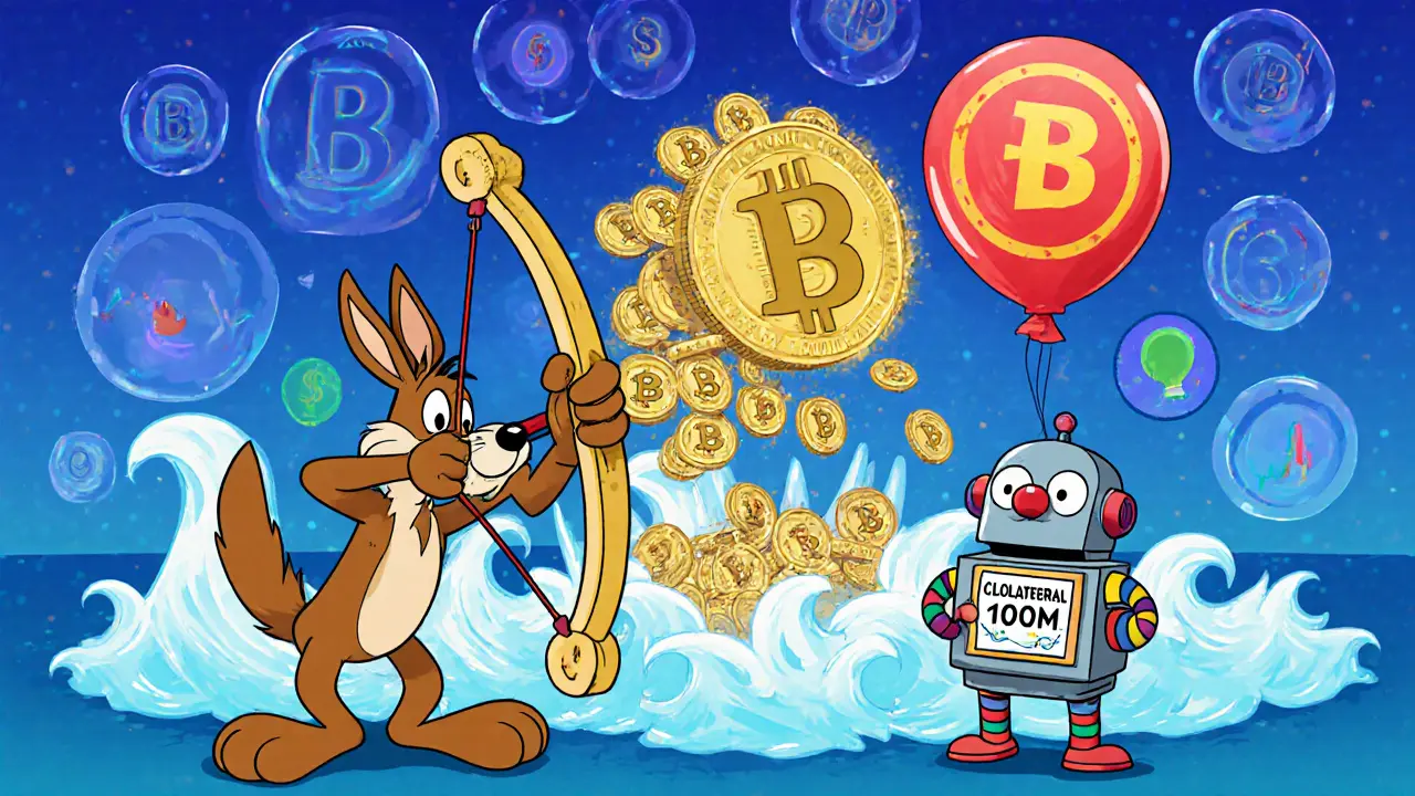 A coyote slingshots tokens into a DEX, inflating another token like a balloon while a confused robot stands by.