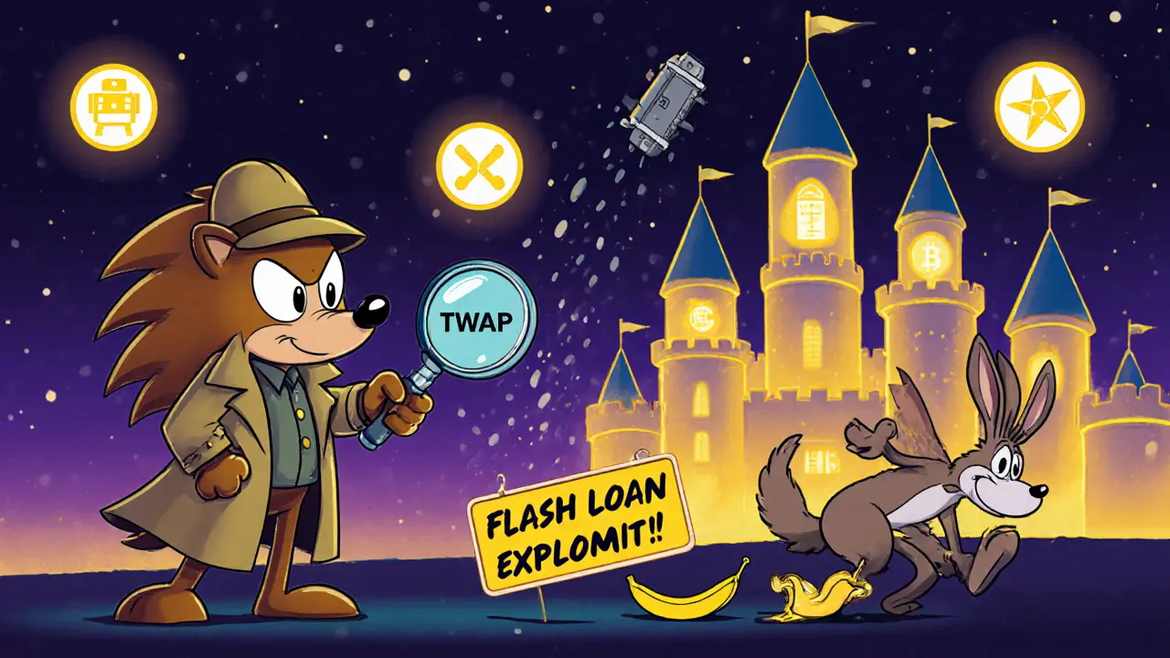 A detective hedgehog protects a fortress of multi-oracle towers as a fleeing coyote drops an exploit sign.