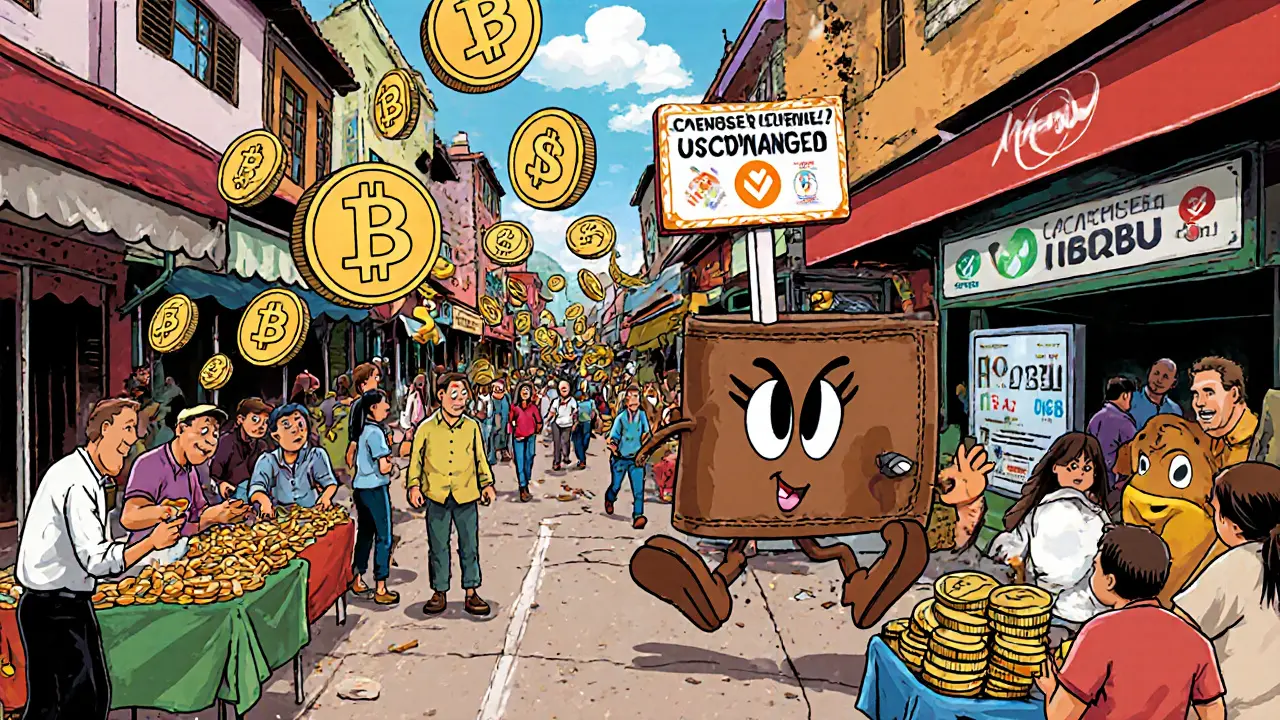 A lively market in La Paz where people pay with floating digital coins and a licensed crypto kiosk pops up in cartoon style.