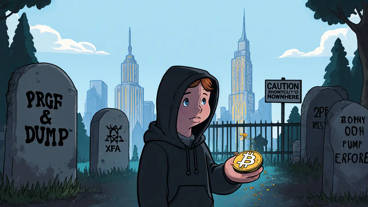 A user watches an XPE token turn to dust at a graveyard of failed crypto exchanges.