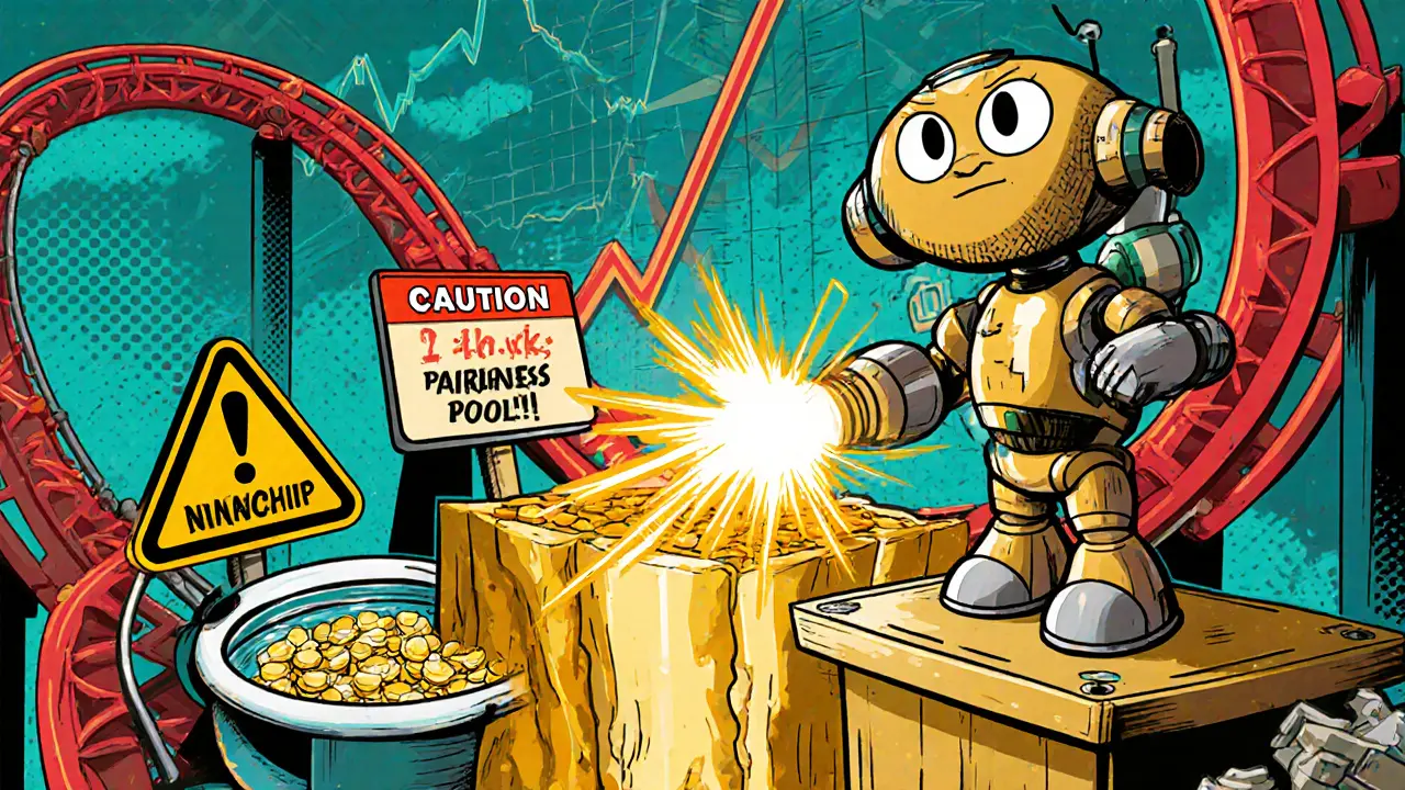Animated character in NFT suit mining gold while a wild price chart loops behind.