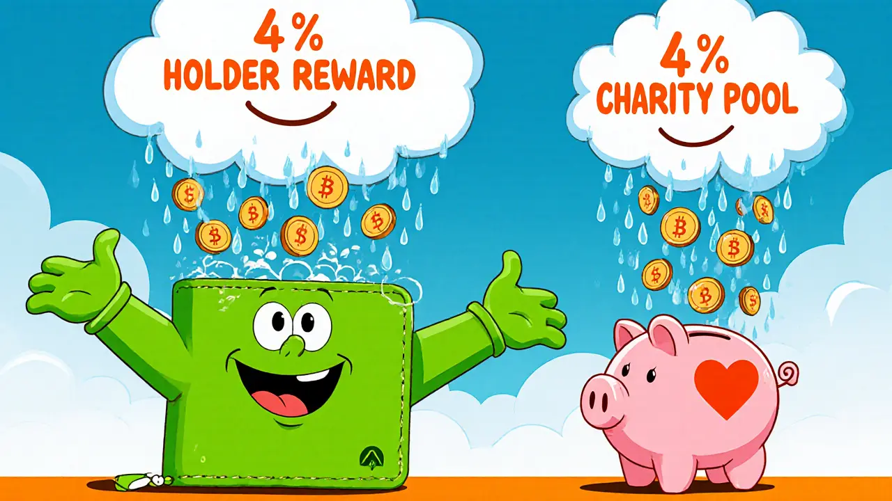 Animated wallet catching falling WLBO coins with a charity piggy bank receiving donations.