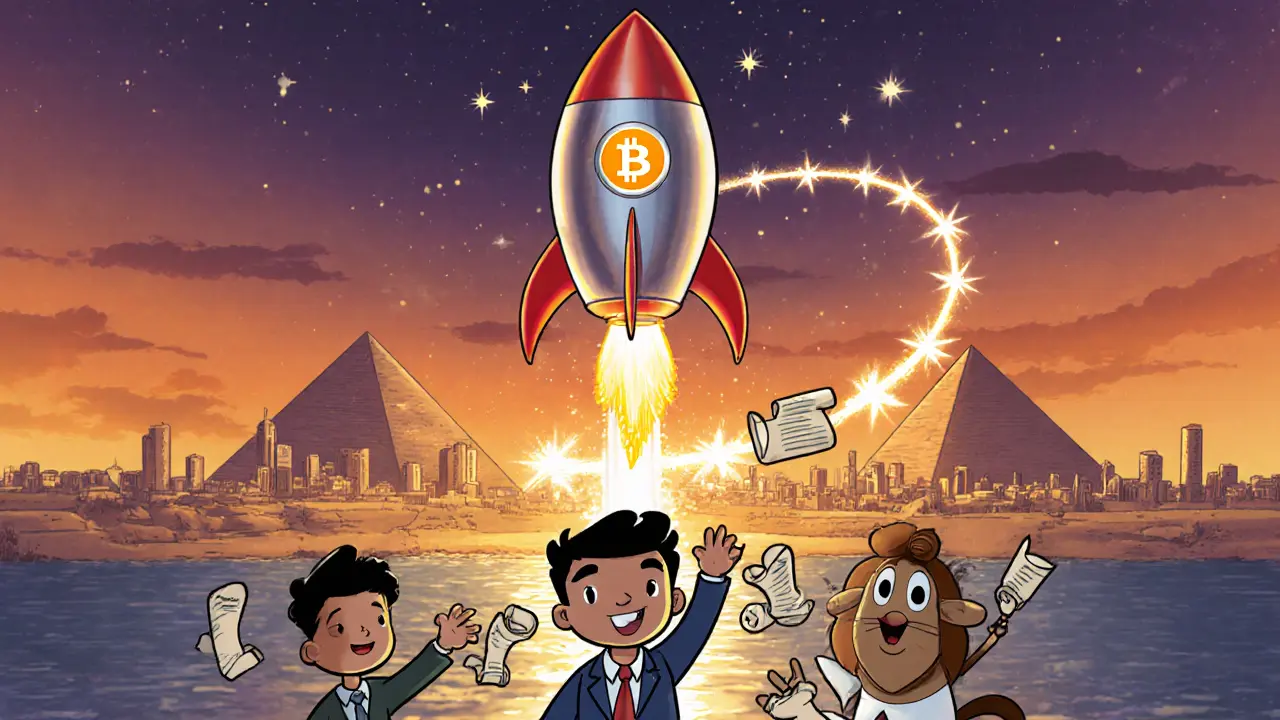 Bitcoin rocket launches over Cairo as hopeful characters watch with legal scrolls.