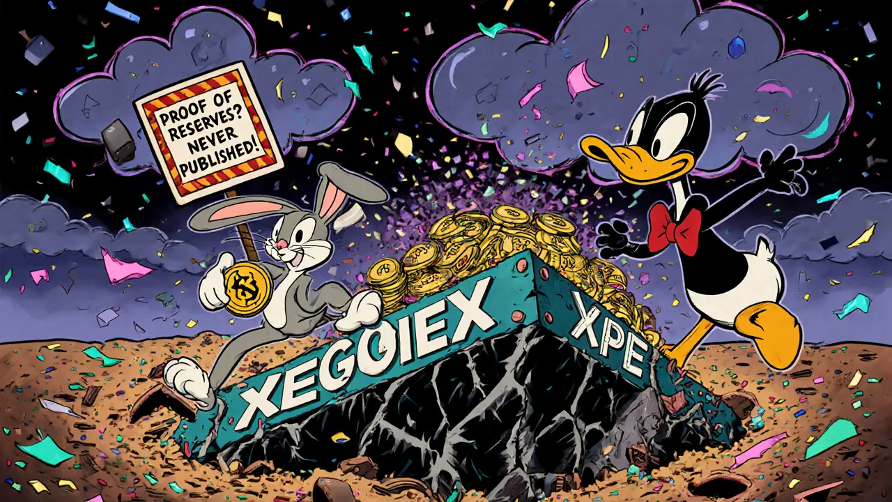 Bugs Bunny on a sinking platform labeled XeggeX as wallets turn to confetti.