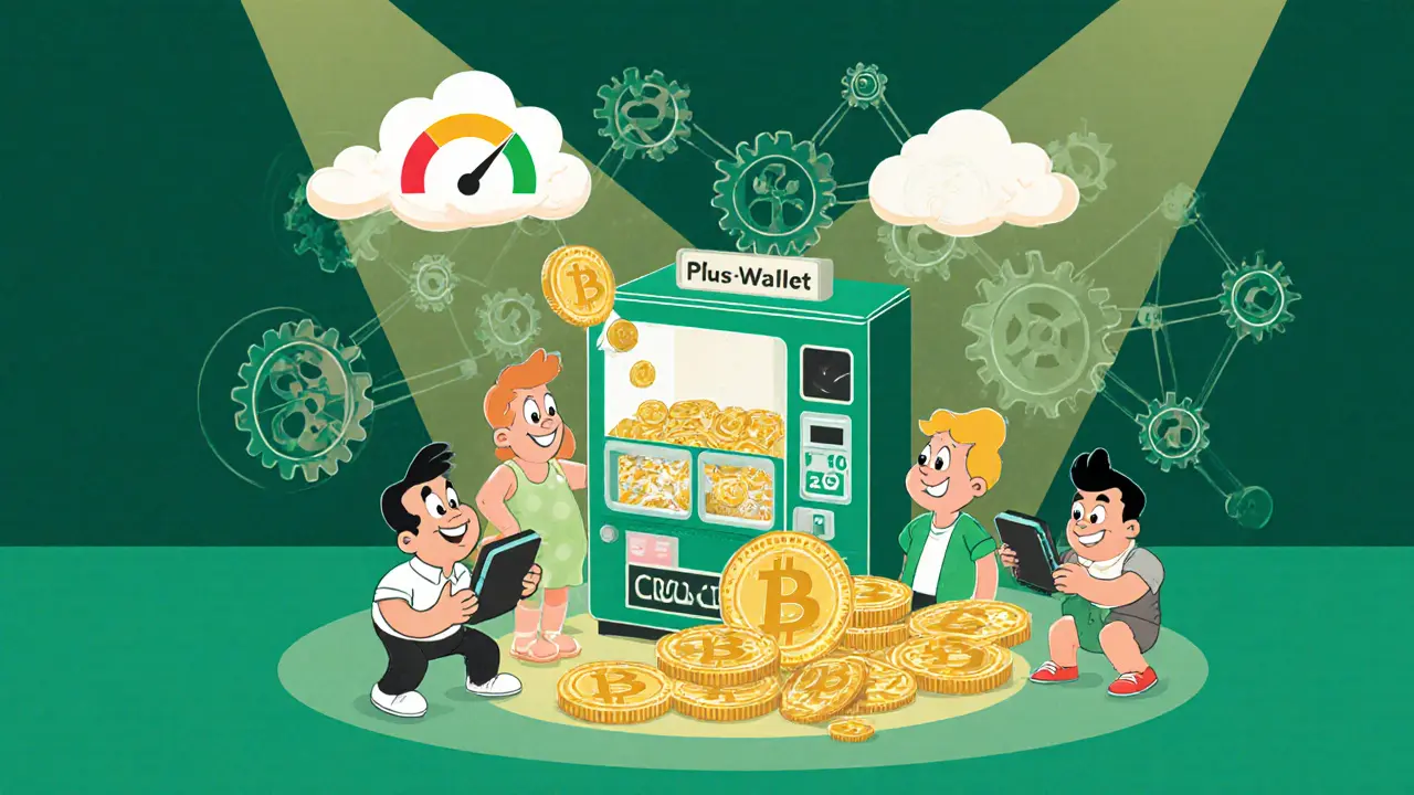 Cartoon cashback machine dispensing CWT coins to users holding Plus Wallets, gears turning.