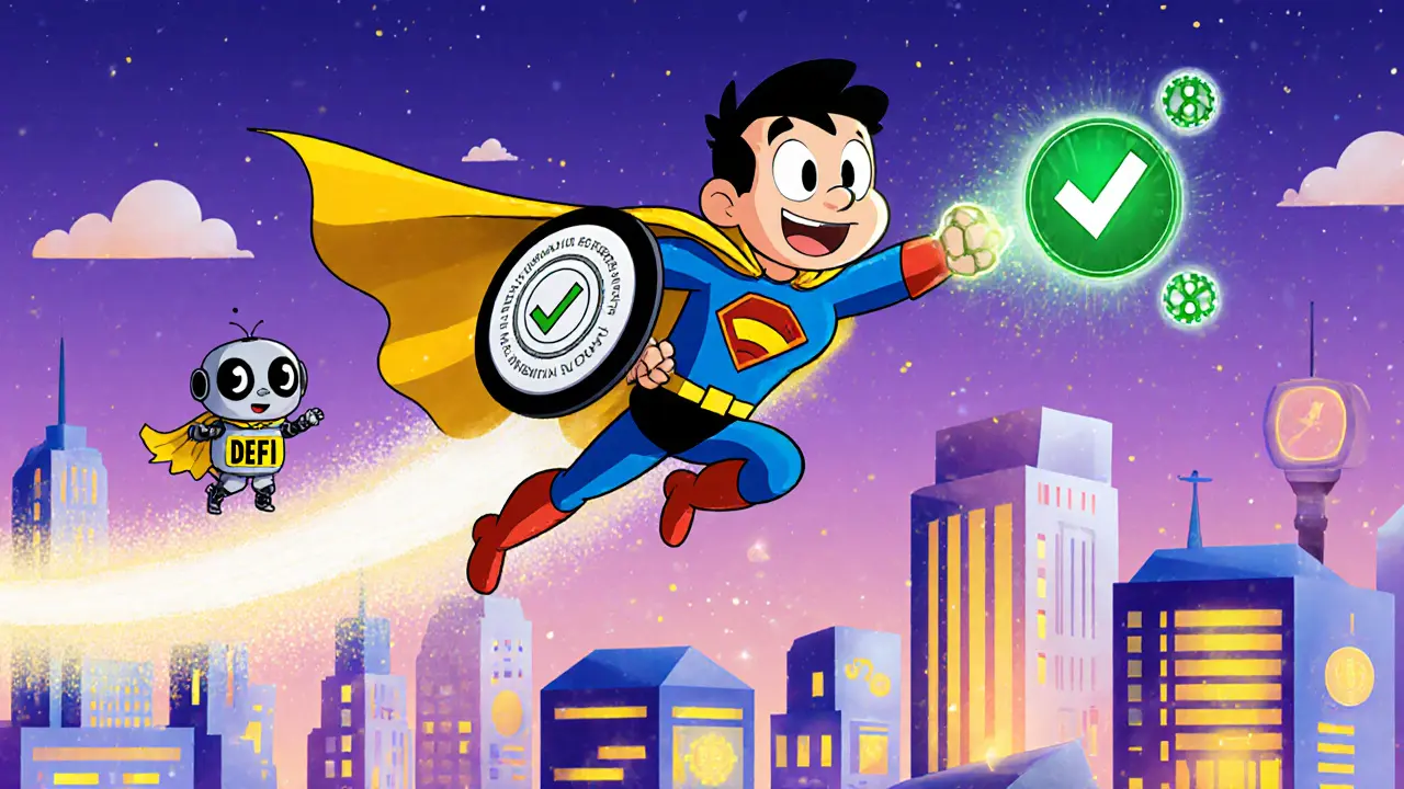 Cartoon compliance superhero flying over a blockchain city with a sidekick robot.