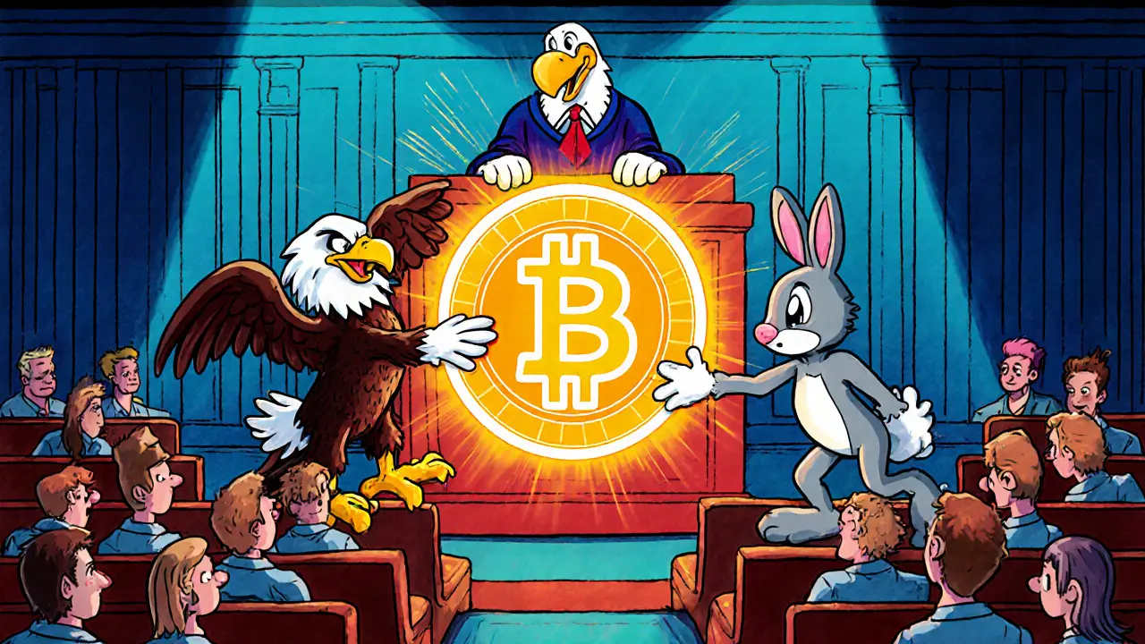 Cartoon courtroom with owl judge, SEC eagle, CFTC rabbit fighting over a glowing token.