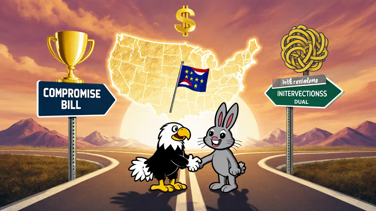 Cartoon crossroads showing three regulatory paths with SEC eagle and CFTC rabbit shaking hands.