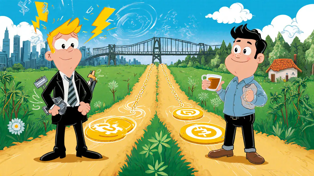 Cartoon crossroads with trader heading toward flash‑loan Aave city and saver walking to calm Compound garden.