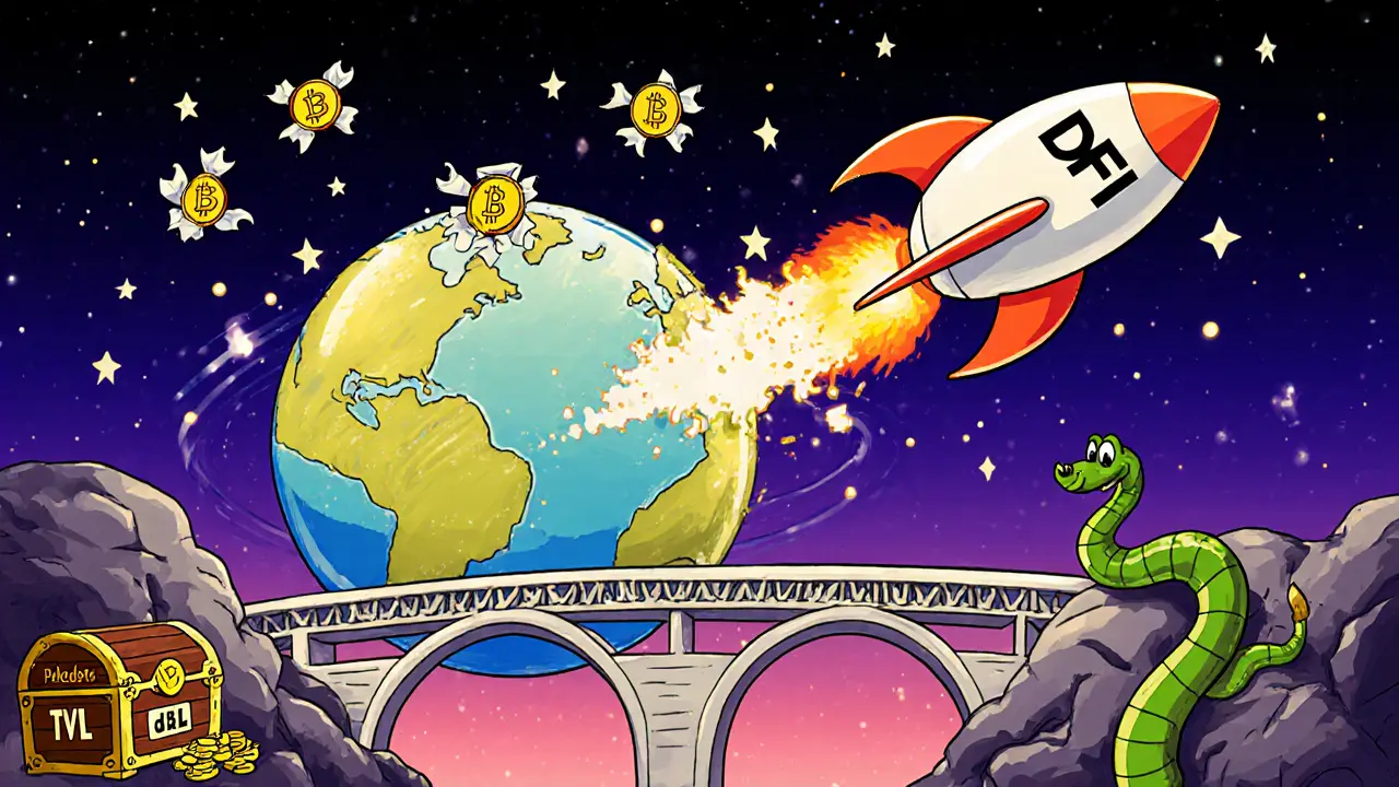 Cartoon DFI rocket launching from a Bitcoin planet with bridges to Polkadot and Cosmos.