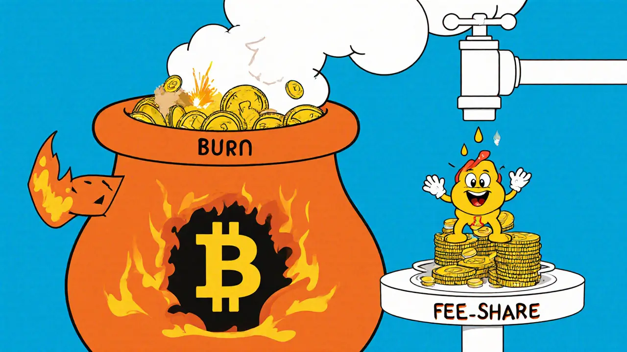 Cartoon factory shows token burning, staking rewards, and fee‑share dripping gold.