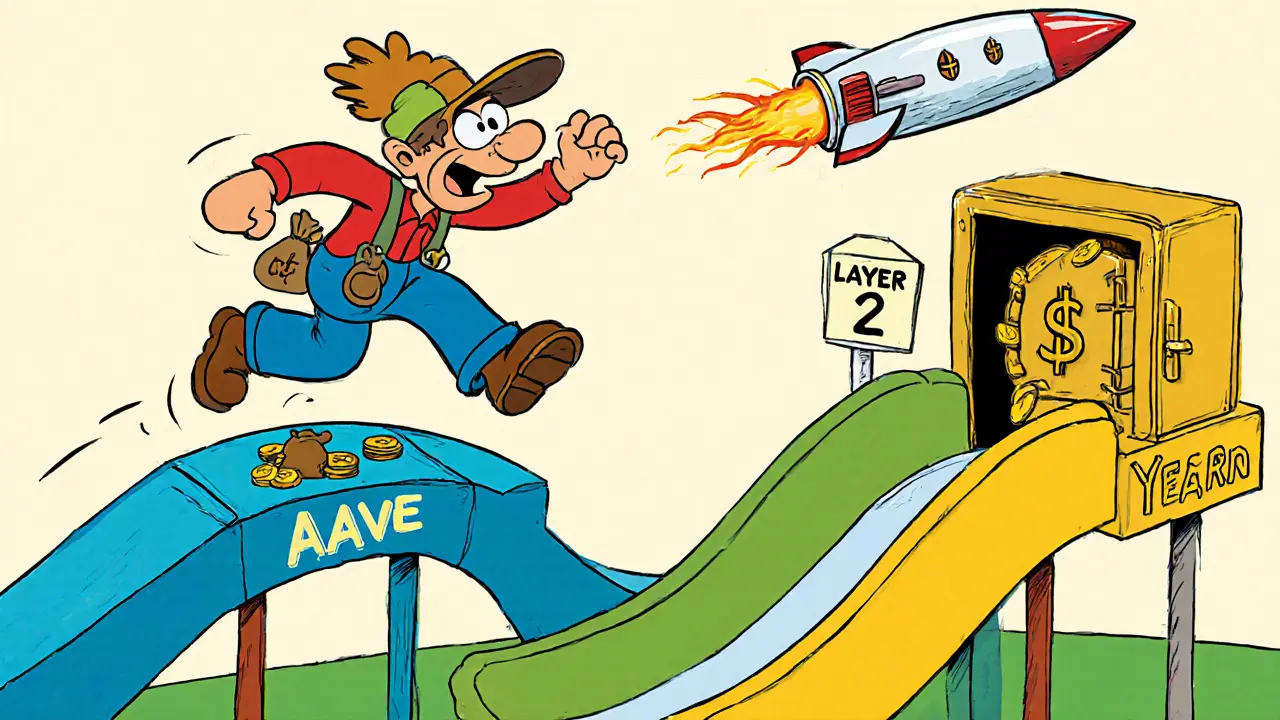 Cartoon farmer hops between Aave, Curve, and Yearn platforms in a fast‑paced yield farm.