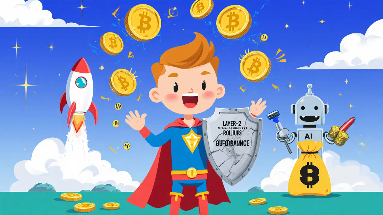 Cartoon hero juggling various reward tokens while a shield protects network security with fee‑floor tools.