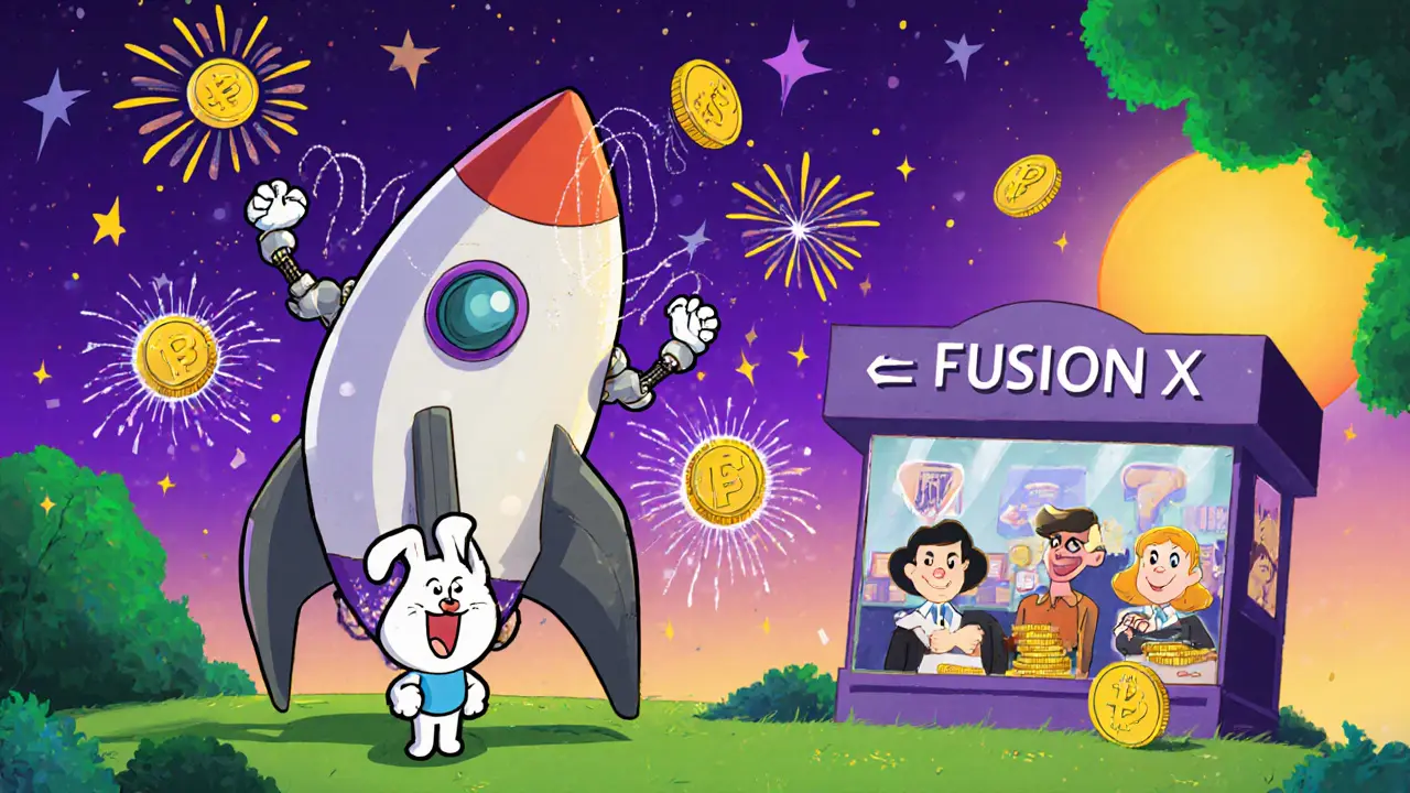 Cartoon investor celebrates with FLUX tokens orbiting a rocket mining rig and FusionX exchange.