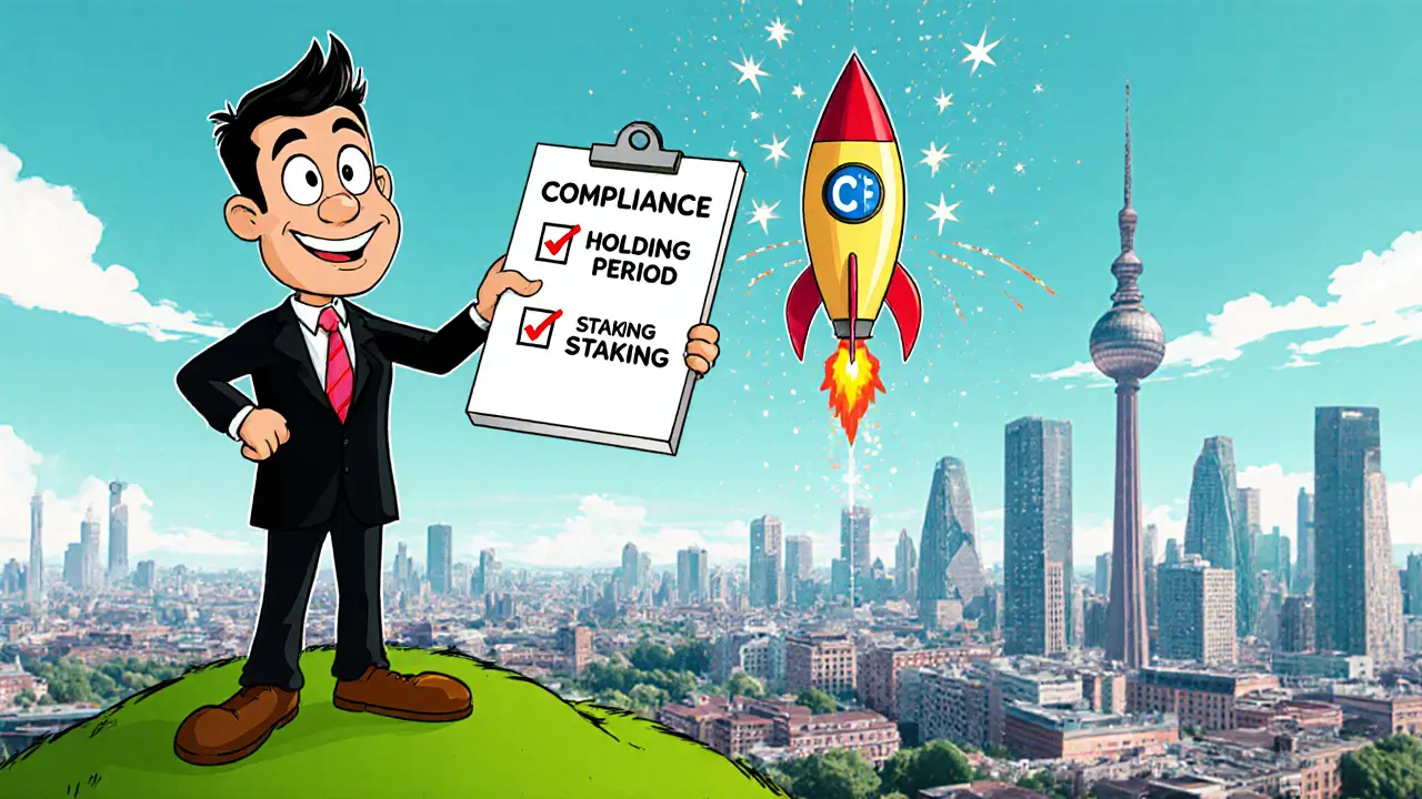 Cartoon investor with rocket and checklist representing crypto tax future.