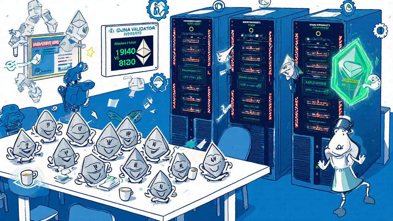 Cartoon lab shows many tiny Ethereum validators versus few large Solana GPU rigs.