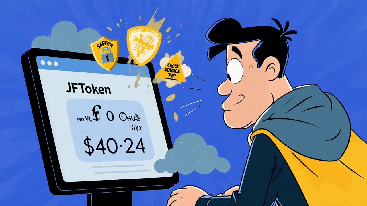 Cartoon of a worried user viewing a zero‑price JF token and safety‑tip icons.