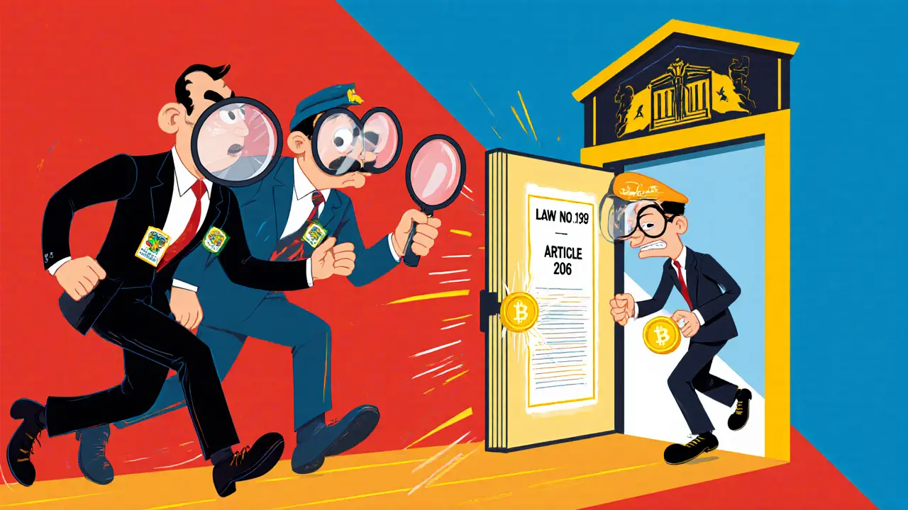 Cartoon officials chase a crypto trader in a courtroom with Law No.194 displayed.