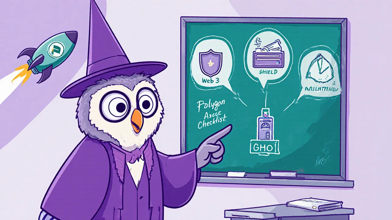 Cartoon owl professor showing a DeFi Aave checklist with wallet, safety shield, and GHO minting.
