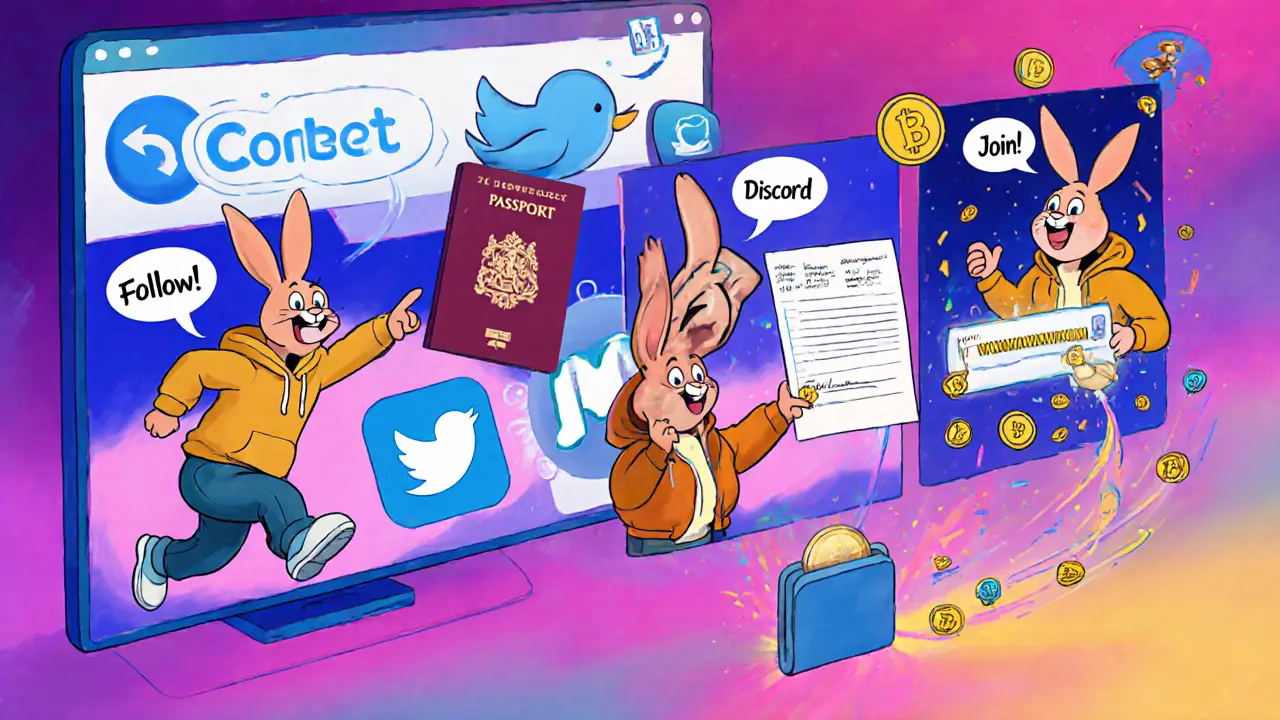 Cartoon rabbit connects wallet, follows social links, completes KYC, and submits address.