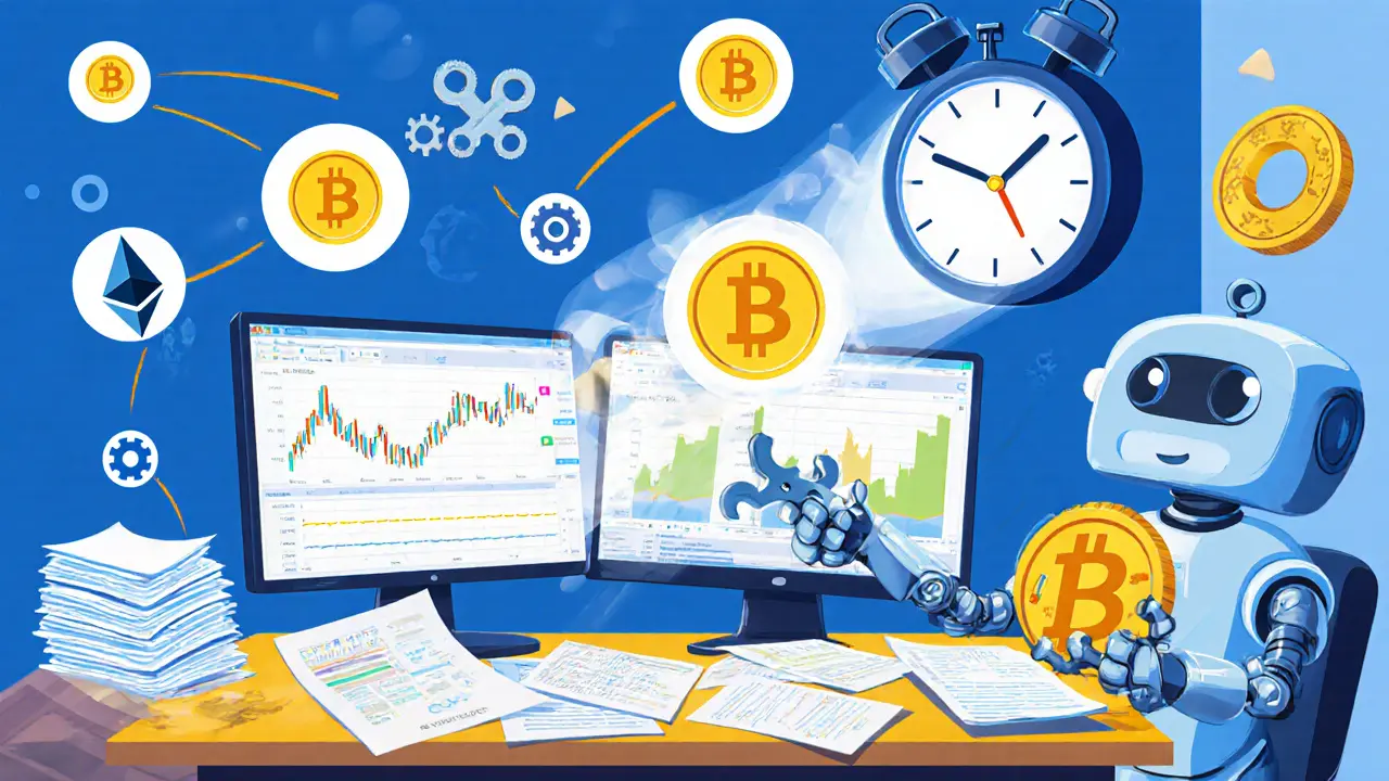 Cartoon robot matching crypto transactions with timestamps at a desk.