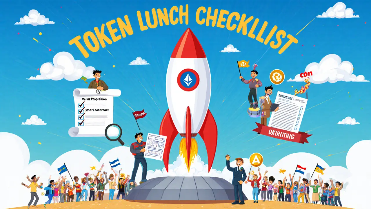 Cartoon rocket shaped like a token launches with checklist characters nearby.