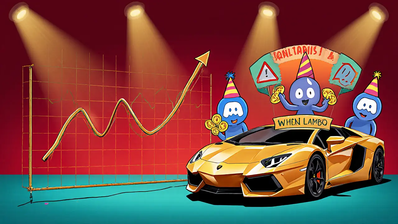 Cartoon scene showing a thin market chart, a Lamborghini, and characters holding WLBO tokens with giveaway banners.