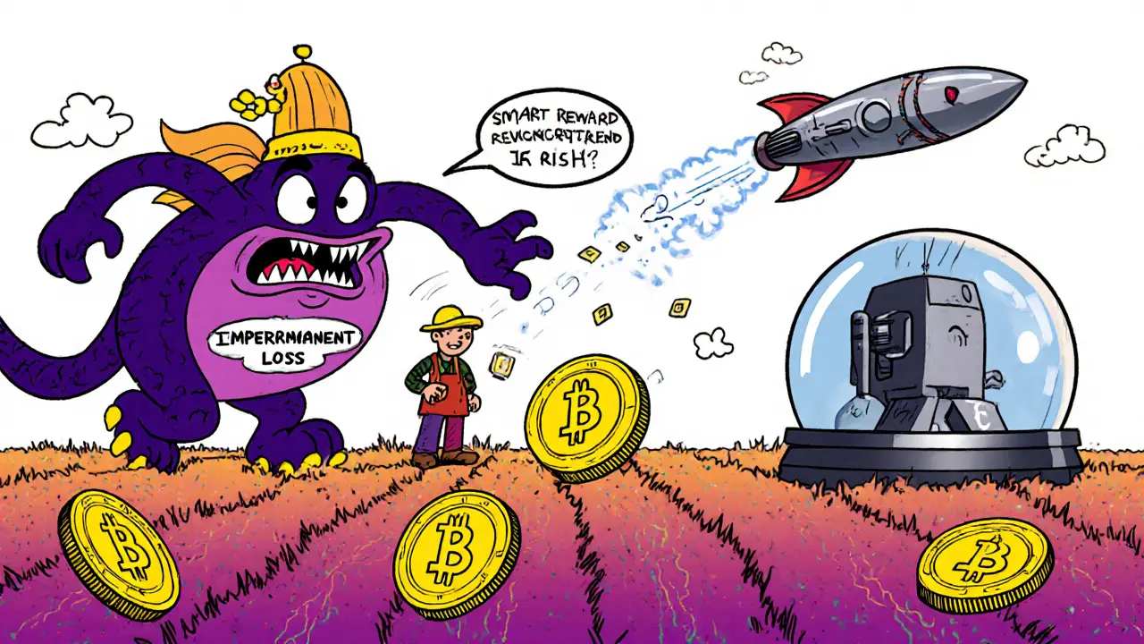 Cartoon shows risks like impermanent loss monster and smart‑contract traps with future AI and Layer‑2 rockets.