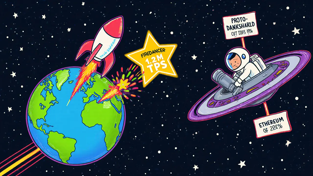 Cartoon space scene with Solana Firedancer rocket and Ethereum Proto‑Danksharding station racing to the stars.