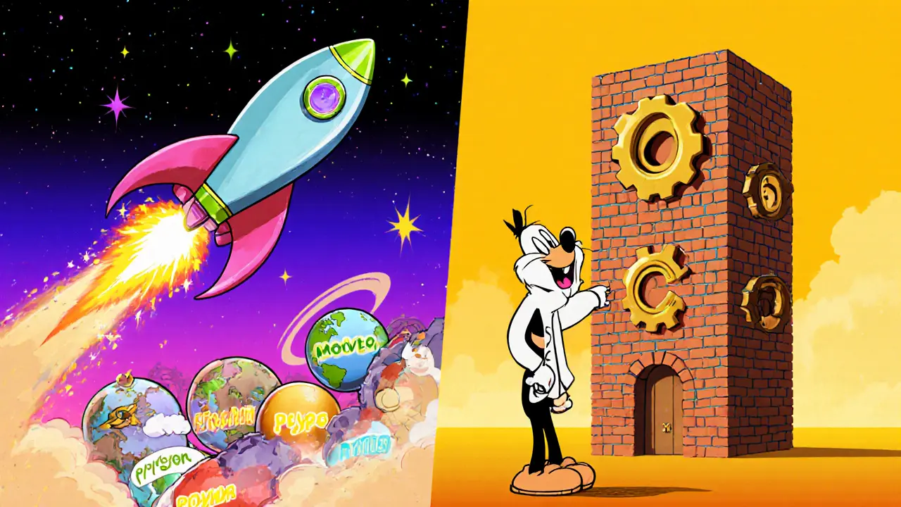 Cartoon split scene: Aave rocket flash loan across chain planets vs Compound brick cToken tower.