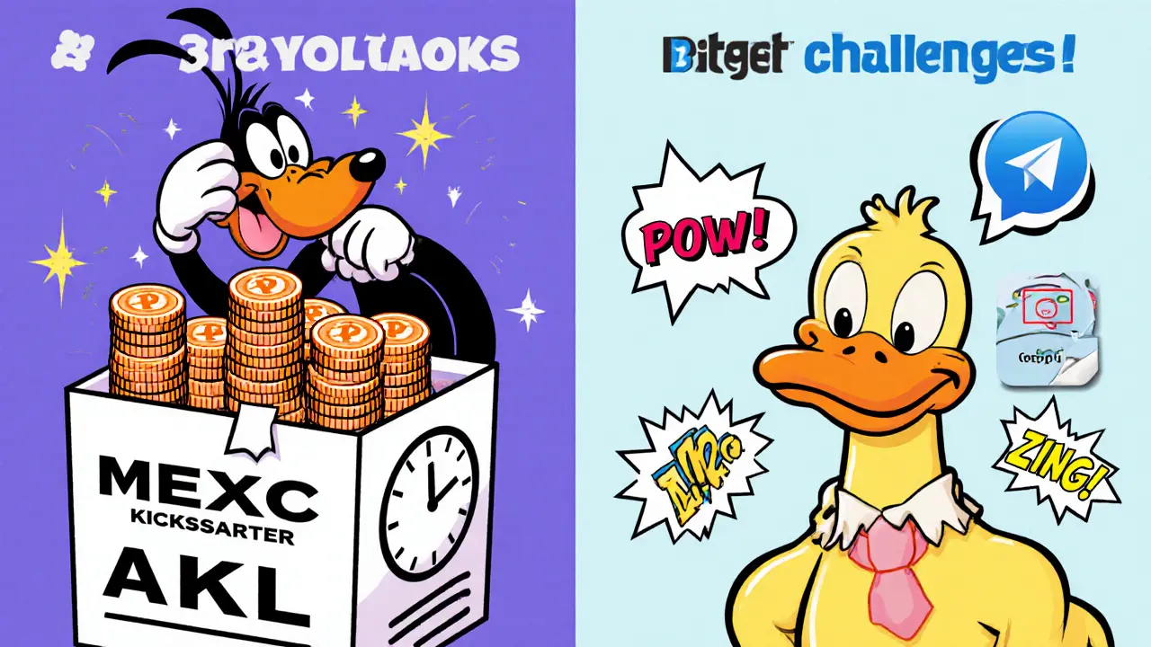 Cartoon split scene showing MEXC voting with MX tokens and Bitget tasks like trading and social sharing.