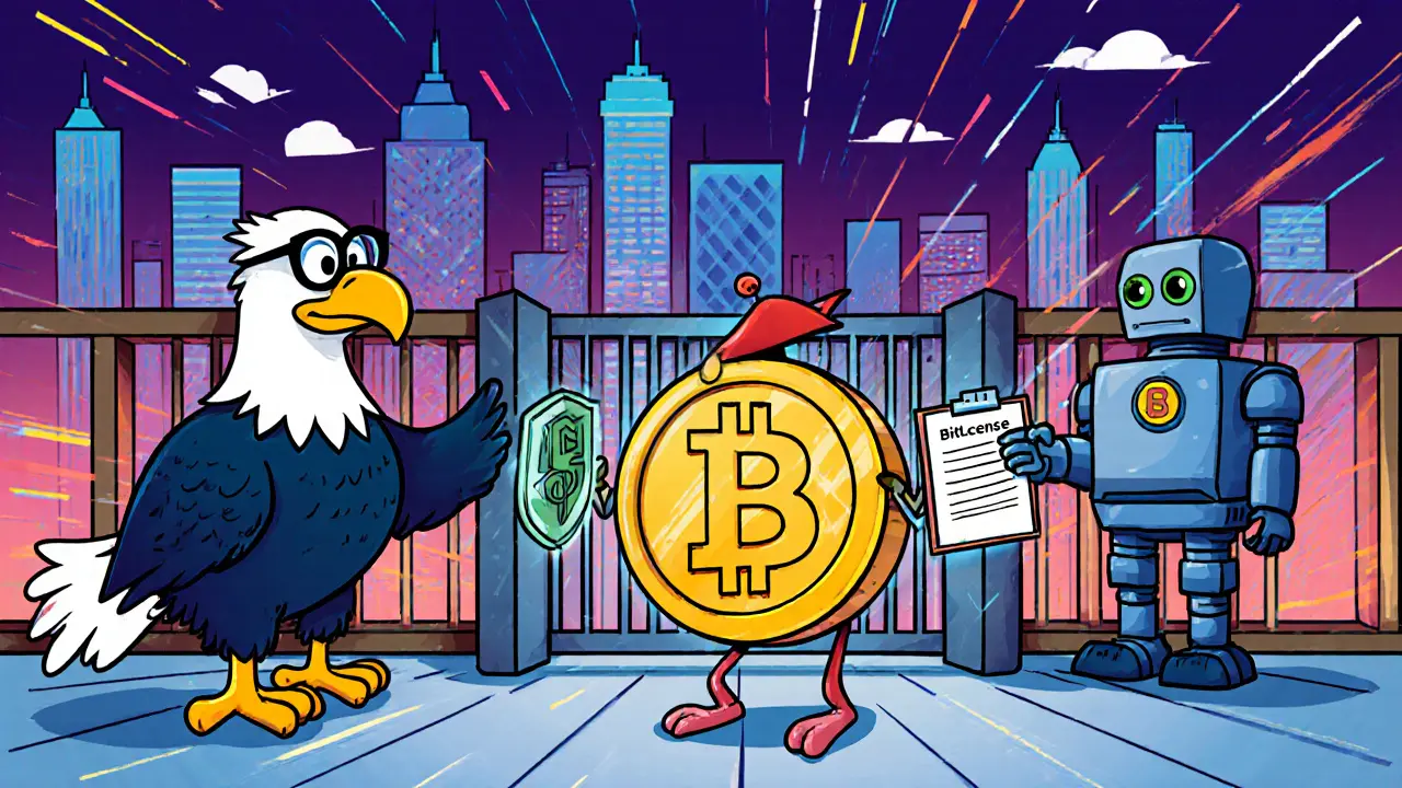 Cartoon token being inspected by SEC eagle, BitLicense guard, and AML robot.