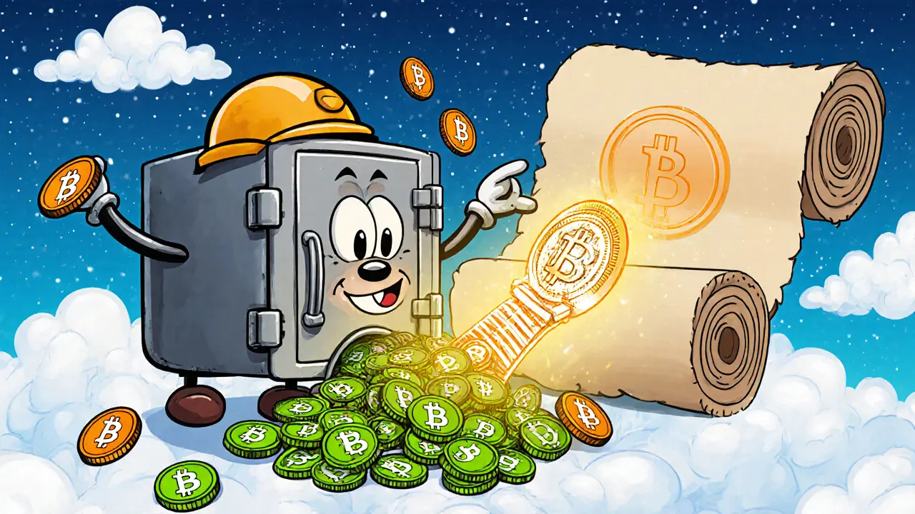 Cartoon vault validator node receiving smiling DFI tokens with Bitcoin ledger in the background.