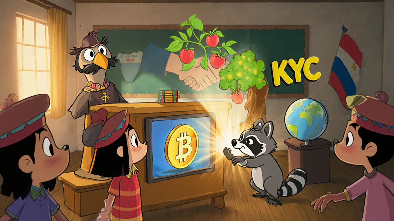 Children learn about crypto from a wise owl in class, while a raccoon tries to steal a Bitcoin and gets zapped by a security shield.