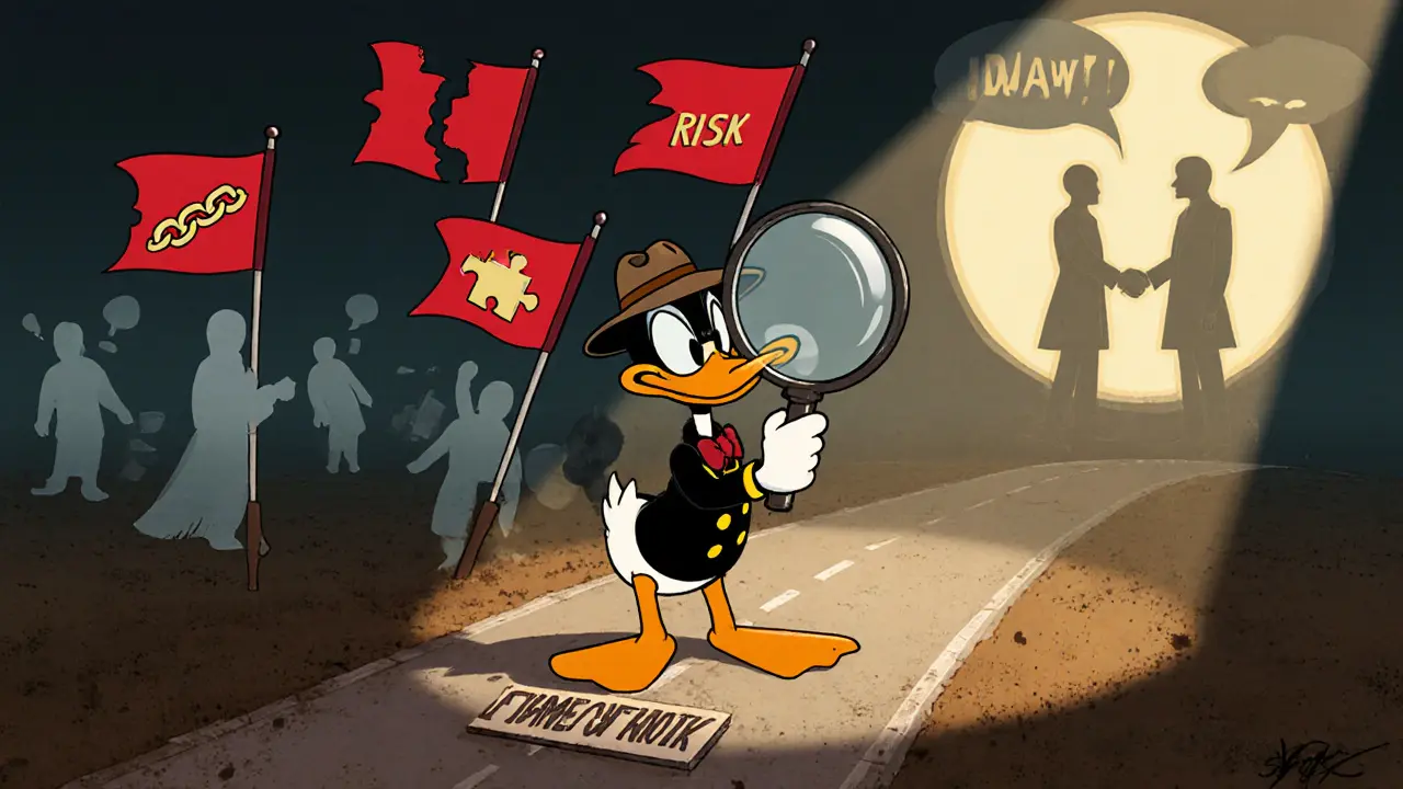 Detective duck investigates red flags on a roadmap with a magnifying glass.