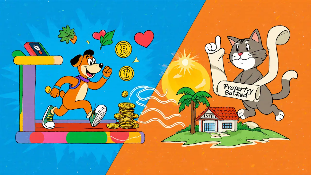 Dog earns LYFE coins on a treadmill while cat points to Indonesian land map.