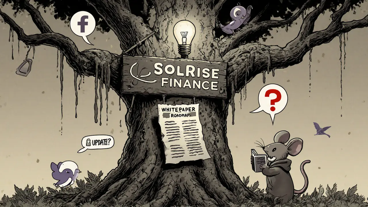 Dusty Solrise Finance sign on a blockchain tree with a mouse reading a faded 2021 roadmap.