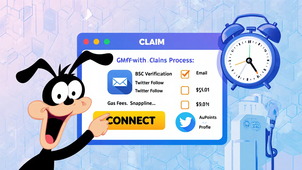 Funny avatar clicking a Connect Wallet button with a checklist of airdrop tasks.