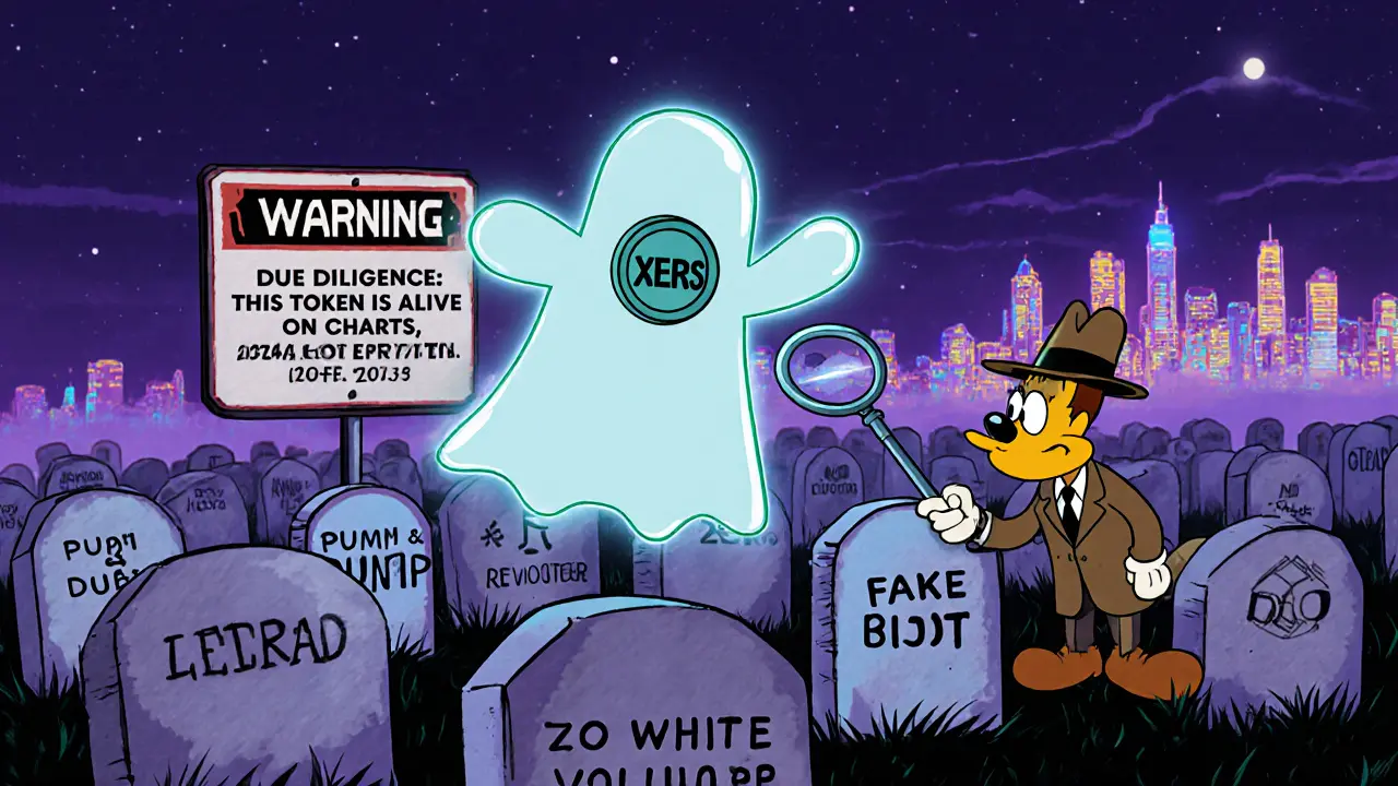 Ghostly XERS coin floating over a crypto graveyard with warning signs.