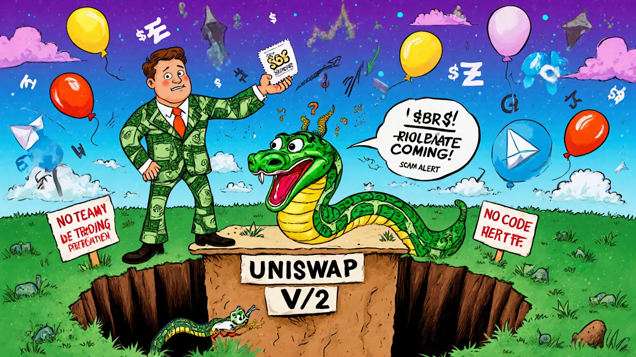 Investor on a tiny platform above a pit of gas fees, haunted by an anonymous snake.