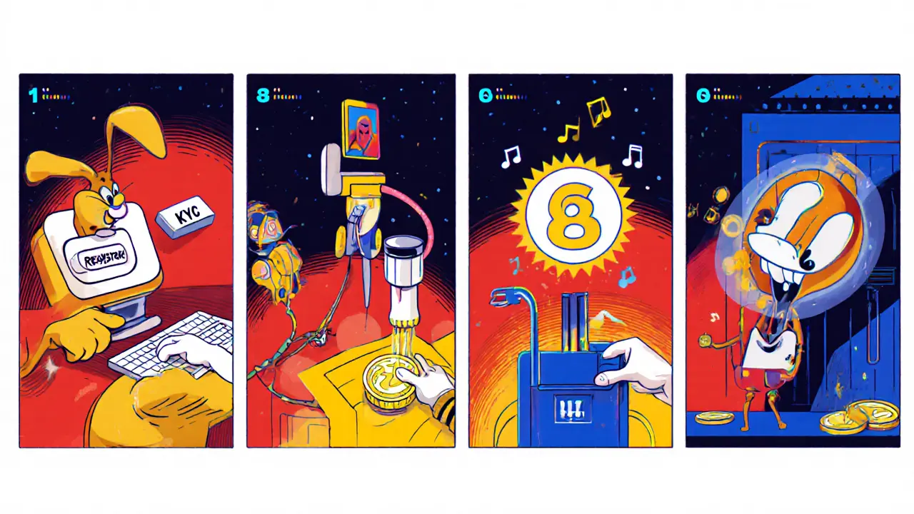 Looney Tunes comic panels showing registration, KYC, wallet linking, and CWT trade.