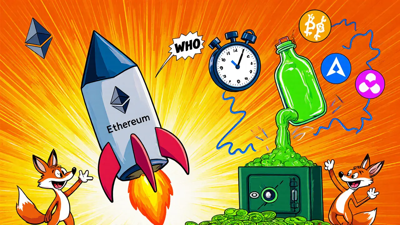 Looney Tunes‑style rocket flash loan launching from an Ethereum block with a 13‑second timer and GHO bottle.