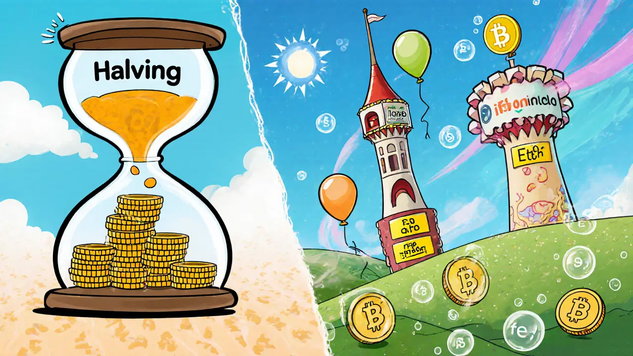 Looney Tunes style timeline of Bitcoin halving with modular blockchain towers and floating liquid staking bubbles.