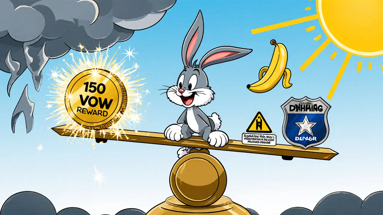Rabbit balances a reward token against risk icons on a cartoon scale.