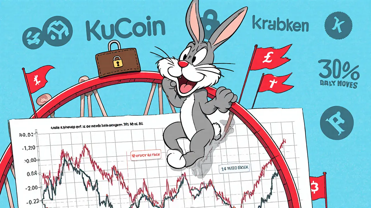 Rabbit on a wild price chart roller coaster with red flags and a hardware wallet.