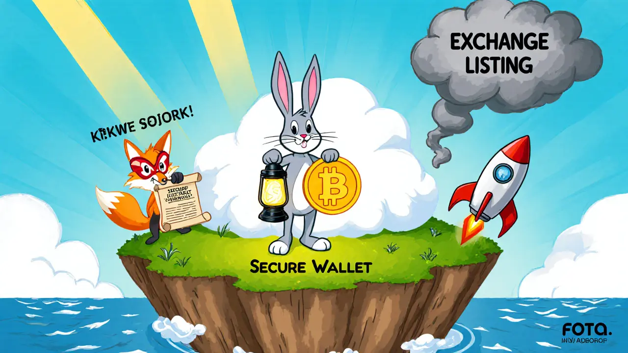 Rabbit on safe platform with token lantern, scam fox nearby, and rocket launch hinting at exchange listing.