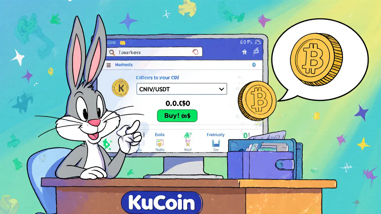 Rabbit using a KuCoin computer interface to buy CNV, showing a big buy button.