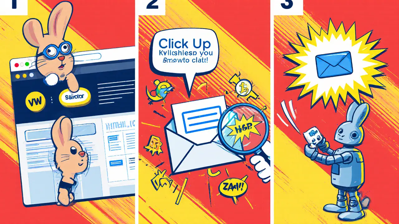 Three‑panel cartoon showing rabbit signing up, verifying email, and linking wallet.